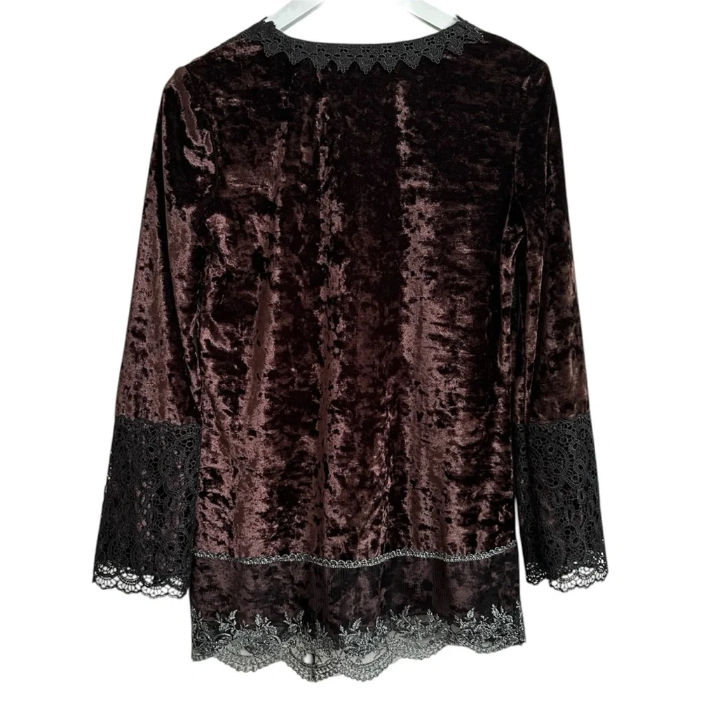 Brown Velvet Black Lace Embellished Beaded Fairycore Top Vintage Y2K - Picture 3 of 8